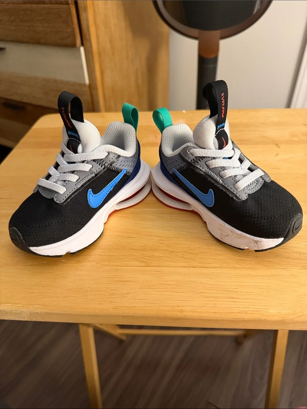 Nike Kids Black, Gray and Blue Sneakers with Teal Pull Tabs